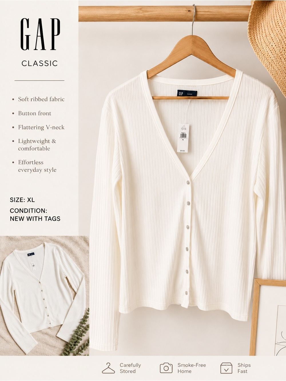 GAP Cream Ribbed Button-Down V-Neck Top